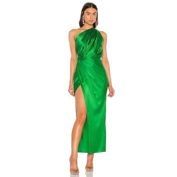 The Sei X REVOLVE Asymmetrical Draped Dress Kelly Green Silk - Picture 1 of 8